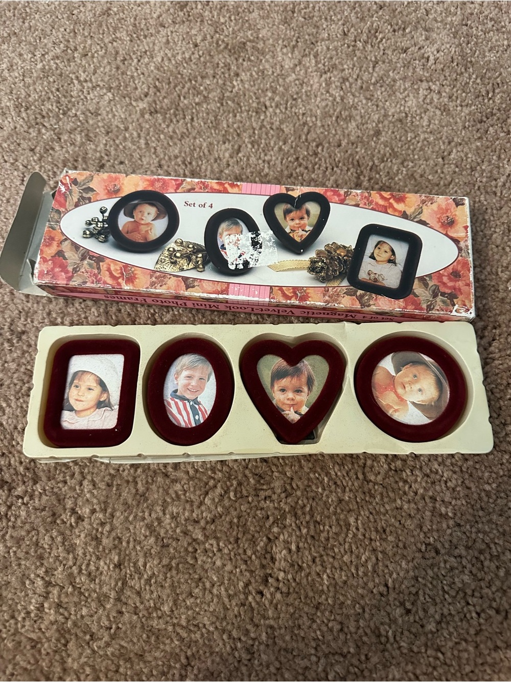 Set of 4 Vintage Magnetic Mini Picture Frames - Burgundy velvet